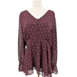 Lane Bryant Burgundy‎ Gold Dot Peplum Blouse NWT | Size 14 | Holiday Party Top